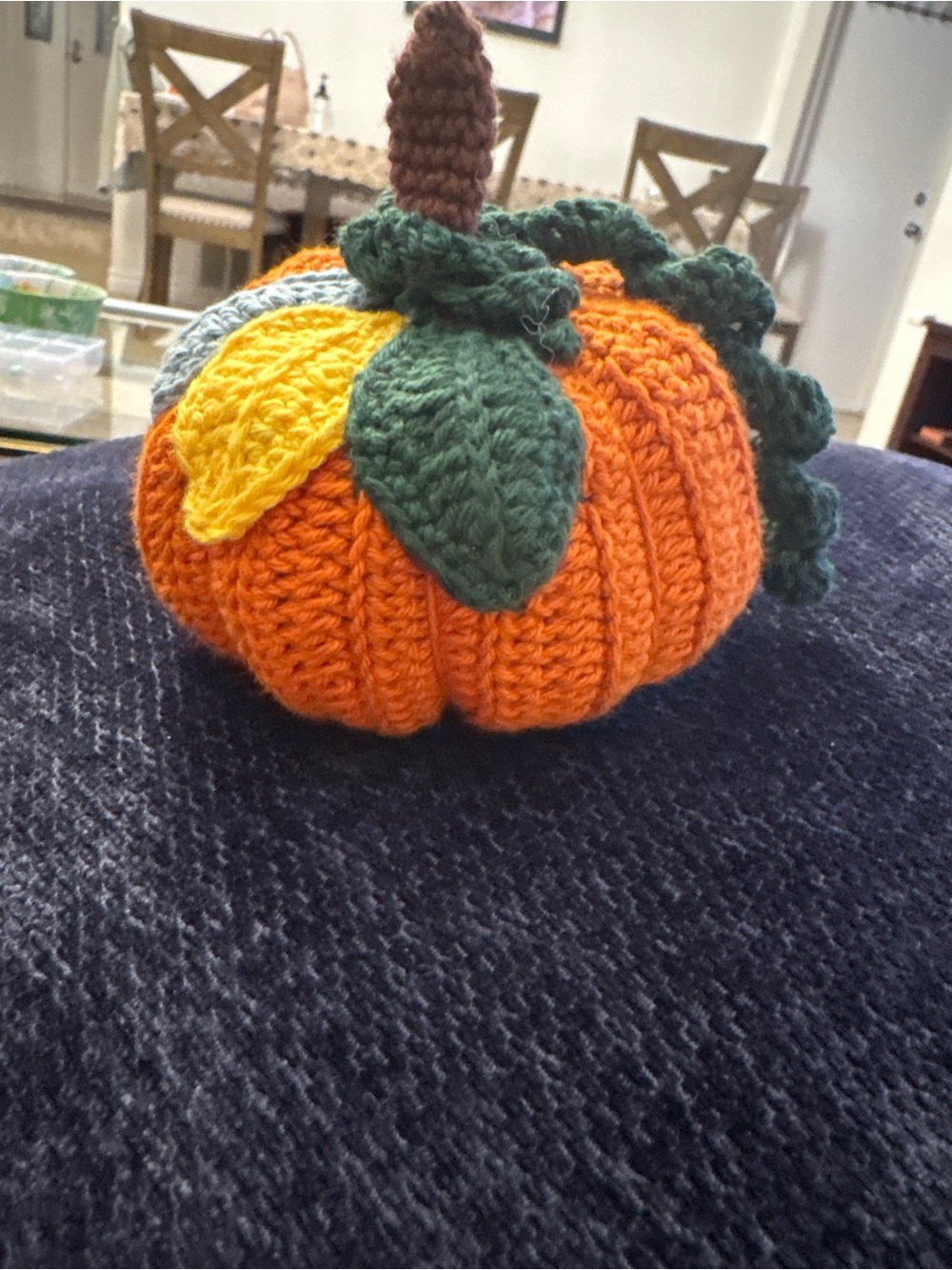 Handmade Orange Crochet Pumpkin with Green Leaves - Fall Home Accent